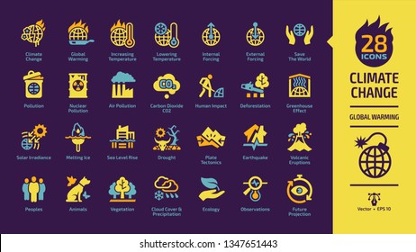 Climate change or global warming yellow glyph icon set on a dark violet background with world heat temperature, globe greenhouse effect, nuclear pollution, human impact and more save sign.
