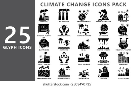 Conjunto de iconos de glifos de cambio climático, contienen contaminación, energía alternativa, energía, ecosistema, deforestación y más. Vector EPS 10. uso para UI, UX, desarrollo de App y Web. para ecología y medio ambiente.
