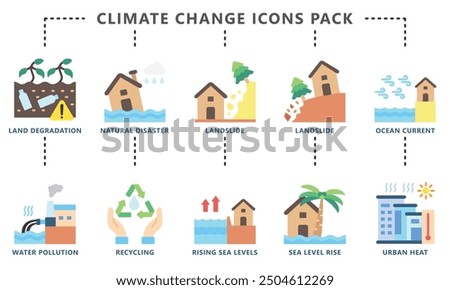 Climate change glyph icon set, contain natural disasters, landslide, land degradation, recycling and more. vector EPS 10. use for UI, UX, app and web development. for ecology and environmental.