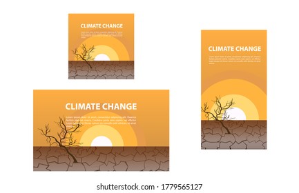 Climate Change gradient abstract background with crack ground dry tree and sun orrange sky