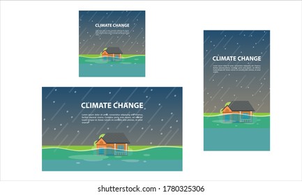 Climate Change Gradient Background With House In Water And Rain