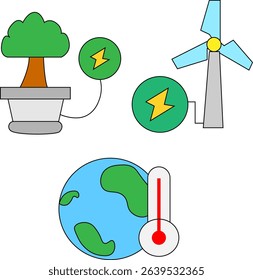 Climate Change and Green Energy Concept Illustration – Renewable Electricity, Global Warming, and Sustainability Icons for Environmental Awareness Projects