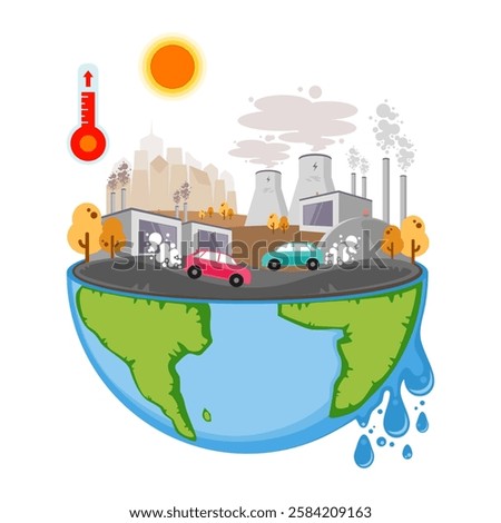 Climate change and greenhouse warming risks, Air and water pollution, Global warming and Greenhouse effect, Gas emissions deforestation carbon dioxide, Dust emissions climate pollution in the city.