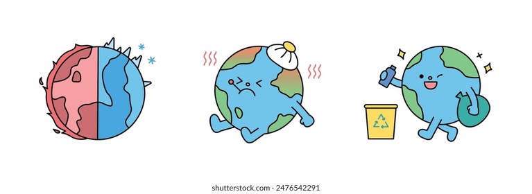 Climate change is hurting the planet with extreme temperatures. Help save the planet by recycling.  outline simple vector illustration.