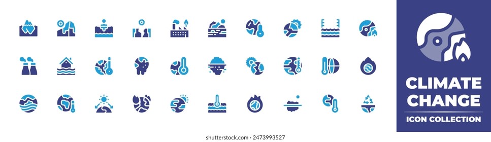 Colección del ícono del cambio climático. Color duotono. Ilustración vectorial. Conteniendo calentamiento global, reciclaje, cambio climático, ola de calor, efecto invernadero, hielo, inundación, calentamiento, fábrica, tierra, iceberg.