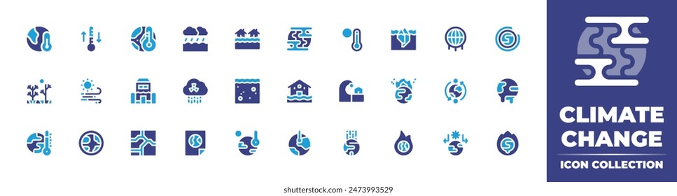 Colección del ícono del cambio climático. Color duotono. Ilustración vectorial. Conteniendo cambio climático, calentamiento global, clima extremo, inundación, viento, tsunami, efecto invernadero, día mundial del medio ambiente, calor.