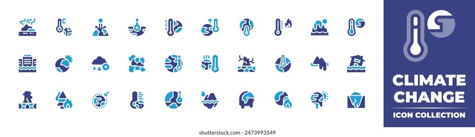 Colección del ícono del cambio climático. Color duotono. Ilustración vectorial. Conteniendo el calentamiento global, derretimiento, sol, inundación, contaminación, inundación, quema, iceberg, sequía, efecto invernadero, noraína, deshielo.