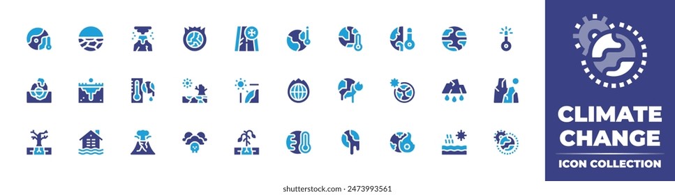 Colección del ícono del cambio climático. Color duotono. Ilustración vectorial. Conteniendo el calentamiento global, el cambio climático, la sequía, el clima extremo, el permafrost, el rayo, las inundaciones, el iceberg, la capa de ozono, la desertificación.