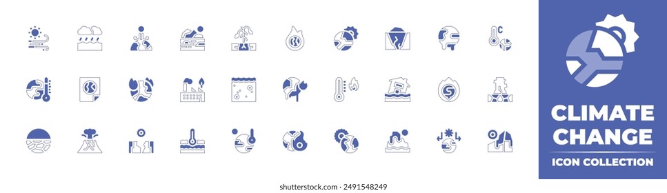 Colección del ícono del cambio climático. Trazo de línea de estilo duotono y negrita. Ilustración vectorial. Conteniendo cambio climático, calentamiento global, sequía, inundación, viento, día mundial del medio ambiente, efecto invernadero, erupción.