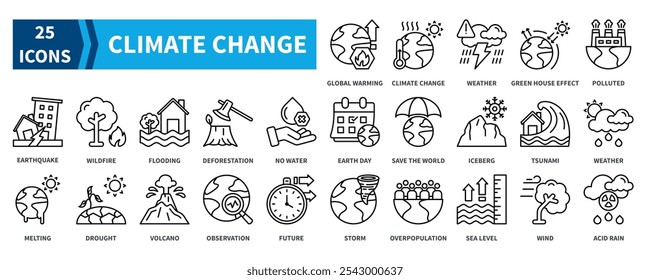 Conjunto de colecciones de íconos de cambio climático. Contiene el calentamiento global, el cambio climático, el Clima extremo, el efecto invernadero, el terremoto, las inundaciones, el volcán, el ícono del iceberg. Vector de contorno negro simple.