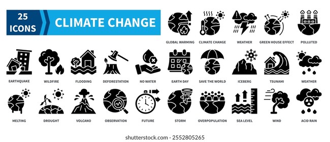 Climate Change icon collection set. Containing global warming, climate change, extreme weather, green house effect, earthquake, flooding, volcano, iceberg icon. Simple black fill vector.