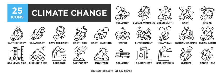 Conjunto de coleta de ícones das mudanças climáticas. Contendo a poluição do projeto, aquecimento global, Terra verde, Terra, fumaça