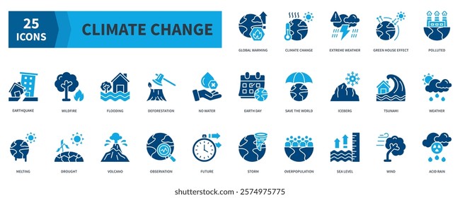 Climate Change Icon Collection Set. Containing global warming, climate change, extreme weather, green house effect, earthquake, flooding, volcano, iceberg Icon. Simple Flat Vector. Blue Color Style