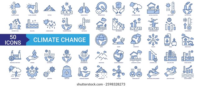 Climate change icon collection set. Containing global warming, human health, temperature, earth, heat, atmospher, burning, and deforestation icon. Simple blue vector