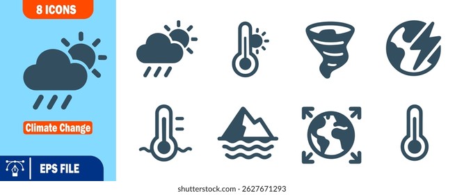 Climate Change Icon Flat Glyph Icons of Global Warming, Extreme Weather, and Environmental