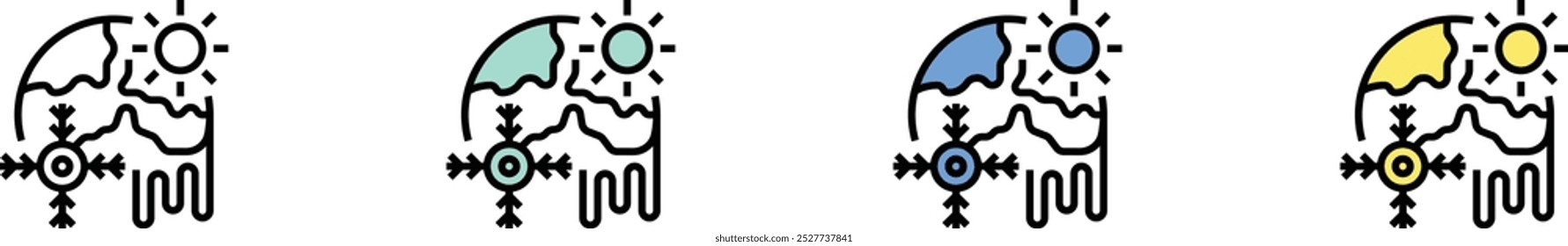 ícone das alterações climáticas. Contorno, Design de estilo verde, azul e amarelo isolado no plano de fundo branco