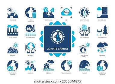 Climate Change icon set. Air Pollution, Deforestation, Flooding, Earthquake, Wildfire, Drought, Melting Ice, Save the World. Duotone color solid icons