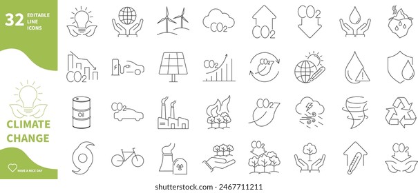 Climate change icon set. Co2, energy, forest and weather icons.