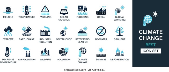 Climate change icon set collection. Melting, temperature, warning, solar radiation, flooding, ocean, global worming, extreme, earthquake and best solid icon set.