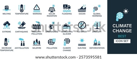 Climate change icon set collection. Melting, temperature, warning, solar radiation, flooding, ocean, global worming, extreme, earthquake and best solid icon set.