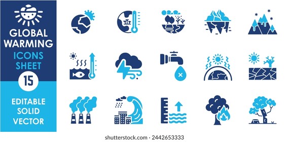 Climate change icon set. Containing global warming, greenhouse, melting ice and so on. Flat global warming icons set.