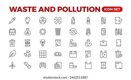 Climate change icon set. Containing global warming, greenhouse, melting ice, earth pollution and disaster icons. waste sorting, recycling. Linear collection. Outline collection set.