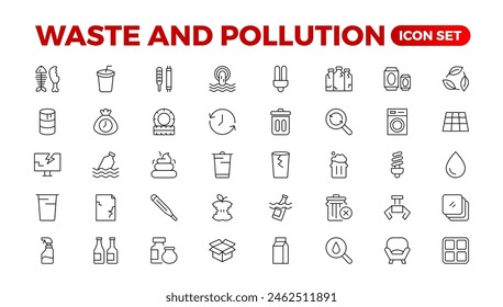 Climate change icon set. Containing global warming, greenhouse, melting ice, earth pollution and disaster icons. waste sorting, recycling. Linear collection. Outline collection set.