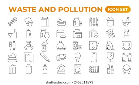 Climate change icon set. Containing global warming, greenhouse, melting ice, earth pollution and disaster icons. waste sorting, recycling. Linear collection. Outline collection set.