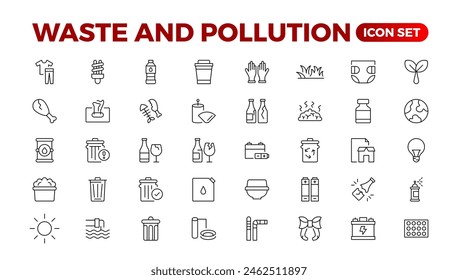 Climate change icon set. Containing global warming, greenhouse, melting ice, earth pollution and disaster icons. waste sorting, recycling. Linear collection. Outline collection set.