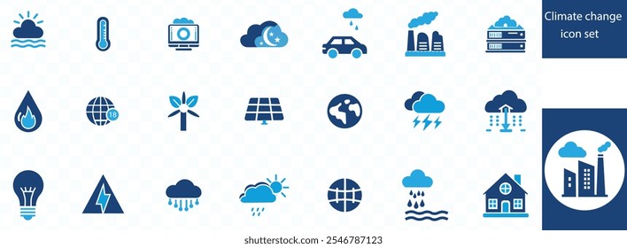 Climate change icon set. Containing global warming, greenhouse, melting ice, earth pollution and disaster icons.