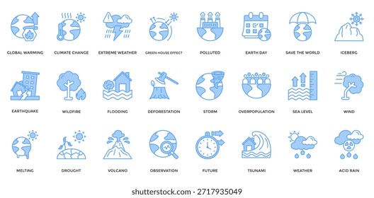 Climate Change icon set. Containing global warming, climate change, extreme weather, green house effect, earthquake, flooding, volcano, iceberg icon. Lineal blue style