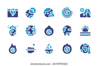 Conjunto de iconos del cambio climático. Color duotono. Ilustración vectorial. Conteniendo calentamiento global, reciclaje, cambio climático, glaciar, tierra, iceberg, capa de ozono, hielo, inundación. 