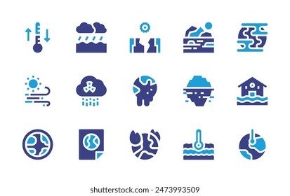 Conjunto de iconos del cambio climático. Color duotono. Ilustración vectorial. Conteniendo el calentamiento global, la temperatura, el cambio climático, las inundaciones, el viento, la contaminación del aire, la sequía, el día mundial del medio ambiente, la acidrada, el glaciar, el calentamiento.