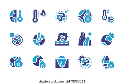 Conjunto de iconos del cambio climático. Color duotono. Ilustración vectorial. Conteniendo ozono, calentamiento global, sol, inundación, roca, quema, iceberg, efecto invernadero, capa de ozono. 