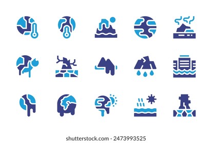 Conjunto de iconos del cambio climático. Color duotono. Ilustración vectorial. Conteniendo el cambio climático, el calentamiento global, el derretimiento, la inundación, la desertificación, la sequía, el glaciar, la polarización, la alta temperatura, el deshielo. 