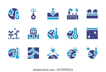 Conjunto de iconos del cambio climático. Color duotono. Ilustración vectorial. Conteniendo cambio climático, gases de efecto invernadero, clima extremo, efecto invernadero, calentamiento global, calor, inundación, seco, hielo, deshidratación.