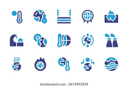 Conjunto de iconos del cambio climático. Color duotono. Ilustración vectorial. Conteniendo el calentamiento global, cambio climático, clima extremo, temperatura, ola de calor, tsunami, efecto invernadero, nivel del mar, fábrica, tierra.