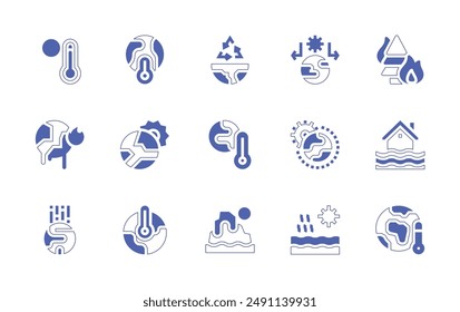 Conjunto de iconos del cambio climático. Trazo de línea de estilo duotono y negrita. Ilustración vectorial. Conteniendo cambio climático, calentamiento global, temperatura, tierra, efecto invernadero, alta temperatura.