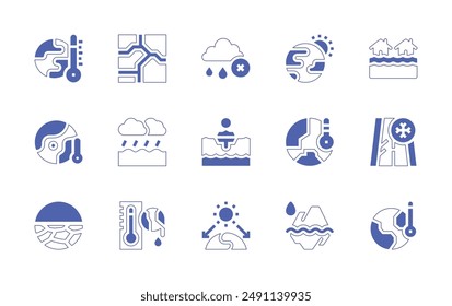 Climate change icon set. Duotone style line stroke and bold. Vector illustration. Containing climatechange, globalwarming, drought, flood, greenhouseeffect, ice, norain, dehydration, iceberg.