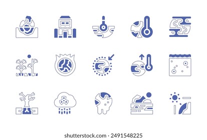 Conjunto de iconos del cambio climático. Trazo de línea de estilo duotono y negrita. Ilustración vectorial. Conteniendo cambio climático, calentamiento global, iceberg, efecto invernadero, seco, inundación.