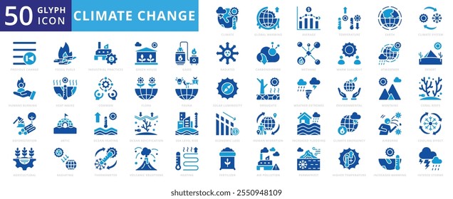 Climate change icon set with earth, mountains, desert, climate, fauna, atmosphere, agricultural, arctic, thermometer, temperature, environment, global warming, flora, fertilizer, and deforestation