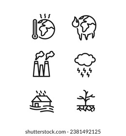 Climate change icon set. Global warming, disaster, flooding, air pollution icon on white background