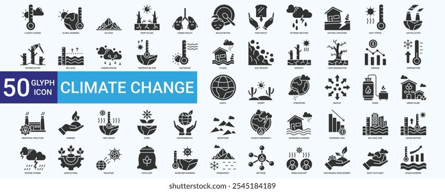 Climate change icon set with global warming, human health, temperature, earth, heat, atmospher, burning, and deforestation