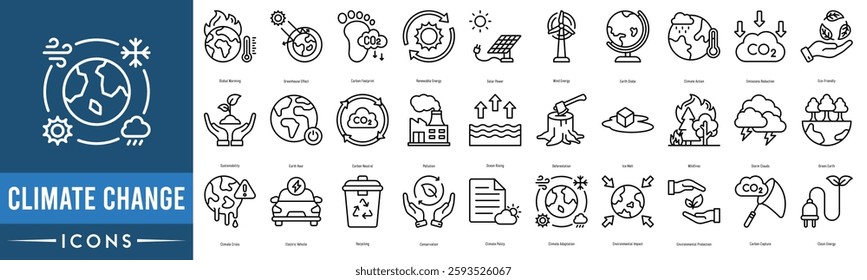 Climate Change icon set. Global Warming, Greenhouse Effect, Carbon Footprint, Renewable Energy, Solar Power, Wind Energy, Earth Globe and Climate Action