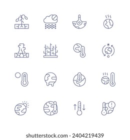 Klimaschutz-Symbol-Set. Dünne Linie Symbol. Bearbeitbarer Strich. Eindämmung der Wasserkrise, kein Regen, Dürre, Trockenheit, Temperatur, globale Erwärmung, Treibhauseffekt, Klimawandel, extreme Wetterbedingungen.