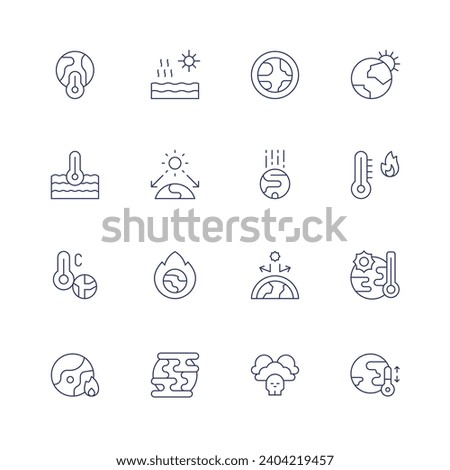 Climate change icon set. Thin line icon. Editable stroke. Containing high temperature, global warming, warming, greenhouse effect, air pollution, extreme weather, sun, climate change.