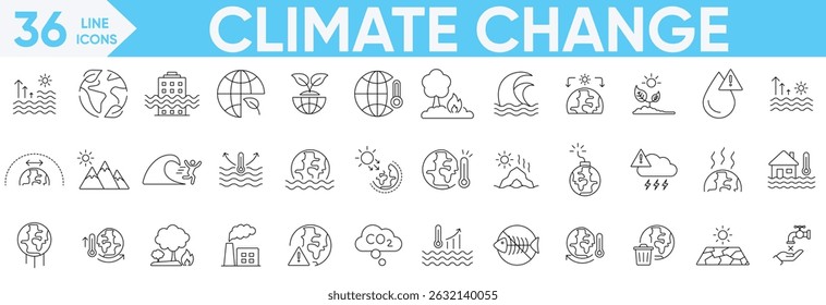 Climate Change icon set.global warming, world, greenhouse, drought, warning, no water, greenhouse, melting ice, earth pollution, disaster and more.Vector and illustrator set.