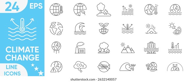 Climate Change icon set.global warming, world, greenhouse, drought, warning, no water, greenhouse, melting ice, earth pollution, disaster and more.Vector and illustrator set.