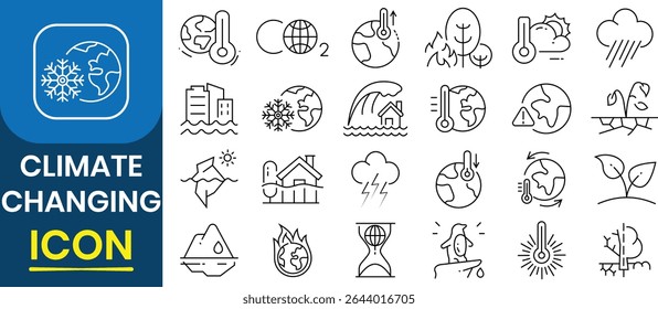 Climate change icon vector set. Vector thin line litter, volcano, climate change, oil platform, ship, trash, nuclear energy, ocean icon. Vector illustration.