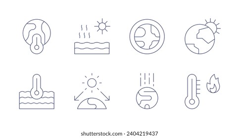 Climate change icons. Editable stroke. Containing high temperature, global warming, warming, greenhouse effect, sun.